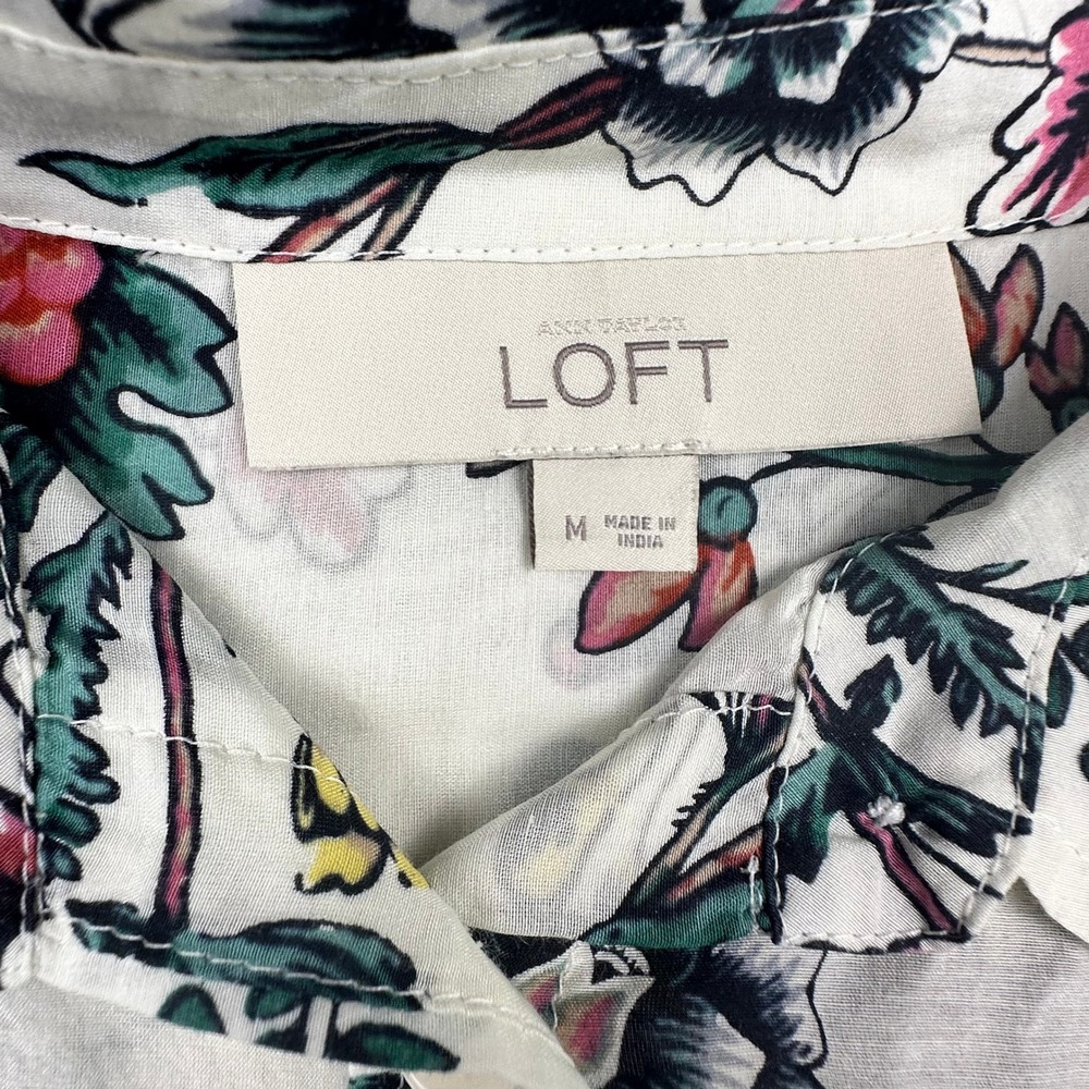 LOFT Womens White Floral Silk Cotton Blend‎ Button Down Shirt Long Sleeve Size M - Picture 4 of 15